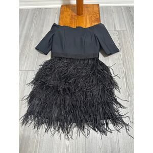 NWT MILLY Megan Mini Feather Dress Black 10 Off The Shoulder Tiered Party LBD